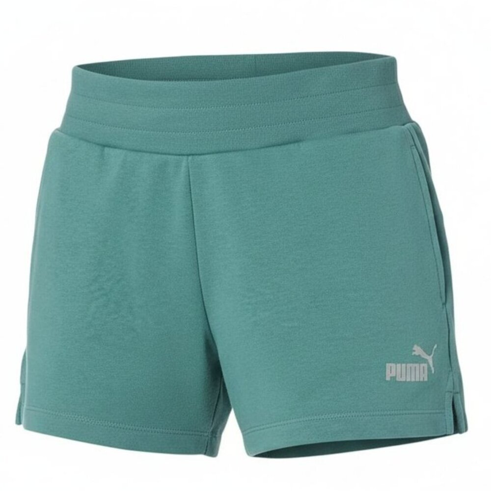 PUMA Womens Essentials 4โ Sweat Shorts Spruce Green Logo Athleisure NEW Large